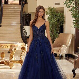 New Navy Blue A-Line Graduation Dress w/ Flare Skirt & Corset Bodice NX Q1778